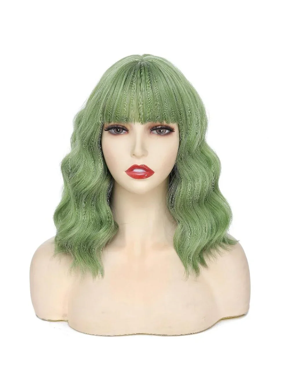 Women's Matcha Green 14 Inch Heat Resistant Short Wavy Hair Pastel Bob Wig Bangs